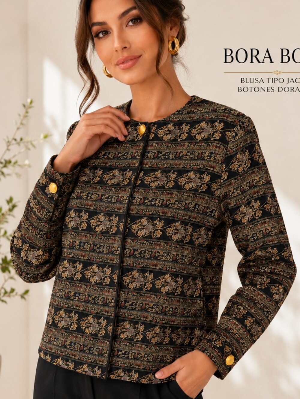 VTG Bora Bora Tapestry Floral Print Long Sleeve Blouse Womens Size M Gold Button
